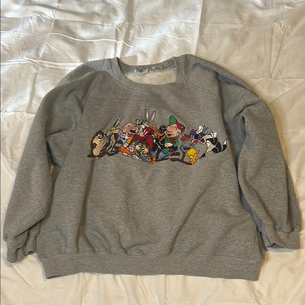 Gray Crewneck Sweater with Colorful Graphic Design